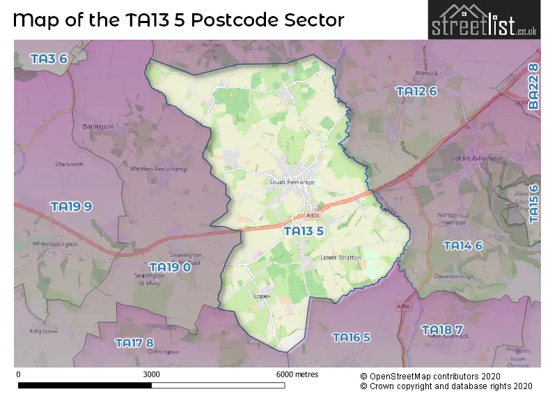 Map of the TA13 5 and surrounding postcode sector