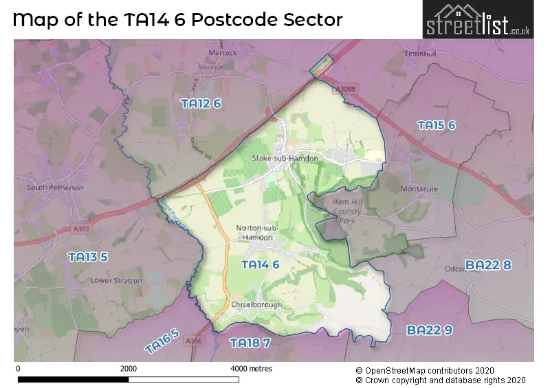 Map of the TA14 6 and surrounding postcode sector