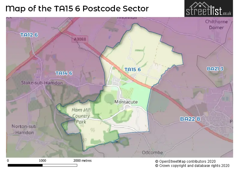Map of the TA15 6 and surrounding postcode sector