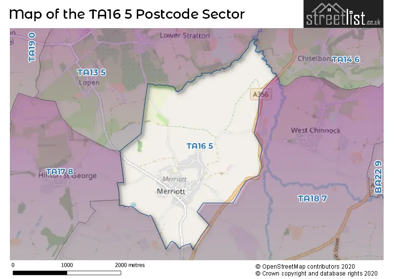 Map of the TA16 5 and surrounding postcode sector