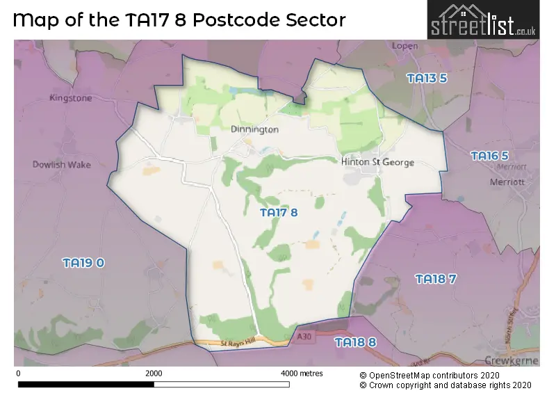 Map of the TA17 8 and surrounding postcode sector