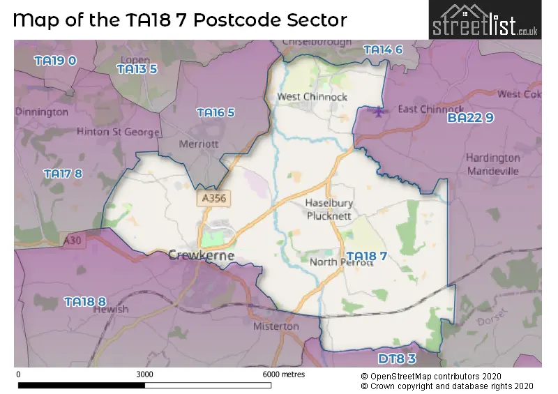 Map of the TA18 7 and surrounding postcode sector