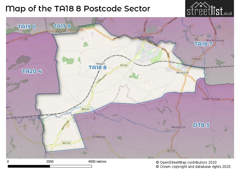Map of the TA18 8 and surrounding postcode sector