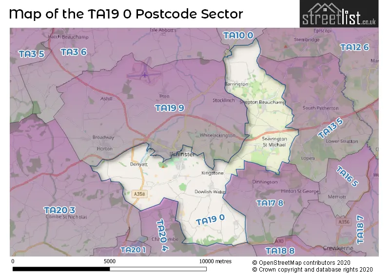 Map of the TA19 0 and surrounding postcode sector