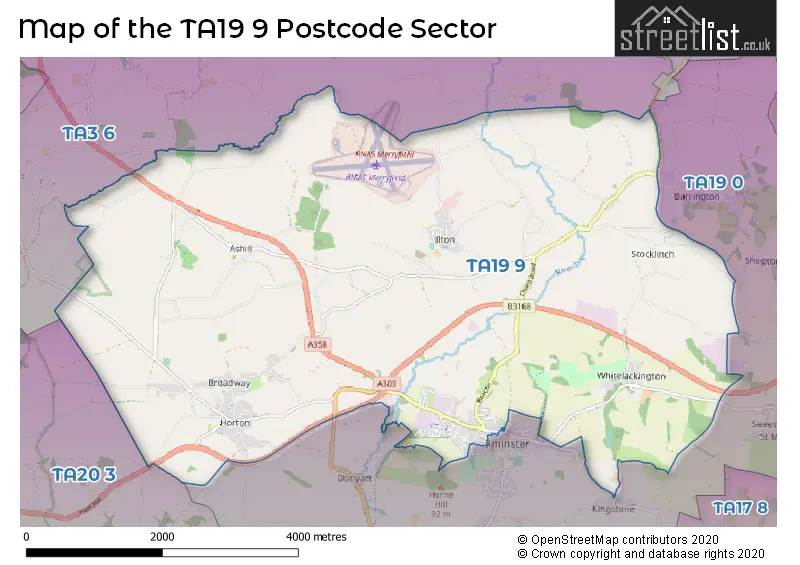 Map of the TA19 9 and surrounding postcode sector