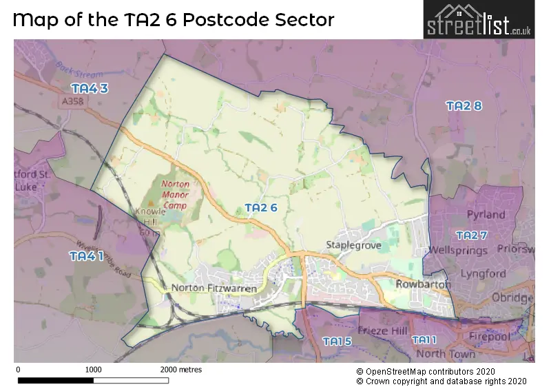 Map of the TA2 6 and surrounding postcode sector