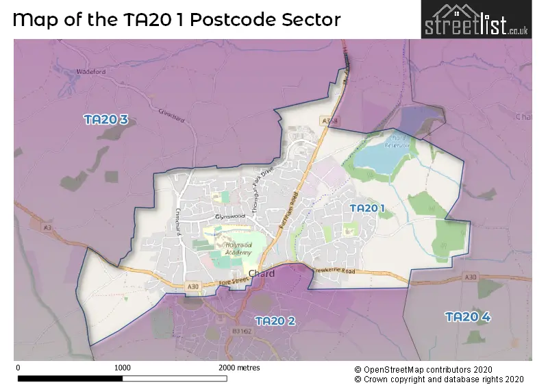 Map of the TA20 1 and surrounding postcode sector