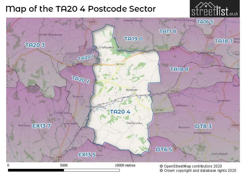 Map of the TA20 4 and surrounding postcode sector