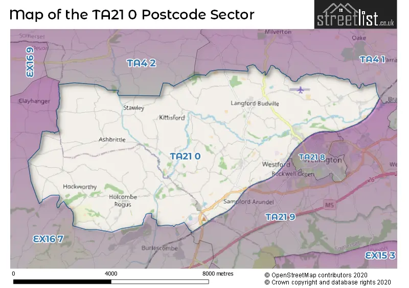 Map of the TA21 0 and surrounding postcode sector