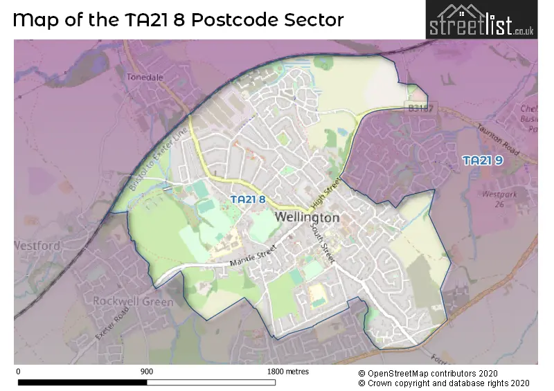 Map of the TA21 8 and surrounding postcode sector