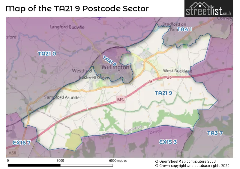 Map of the TA21 9 and surrounding postcode sector