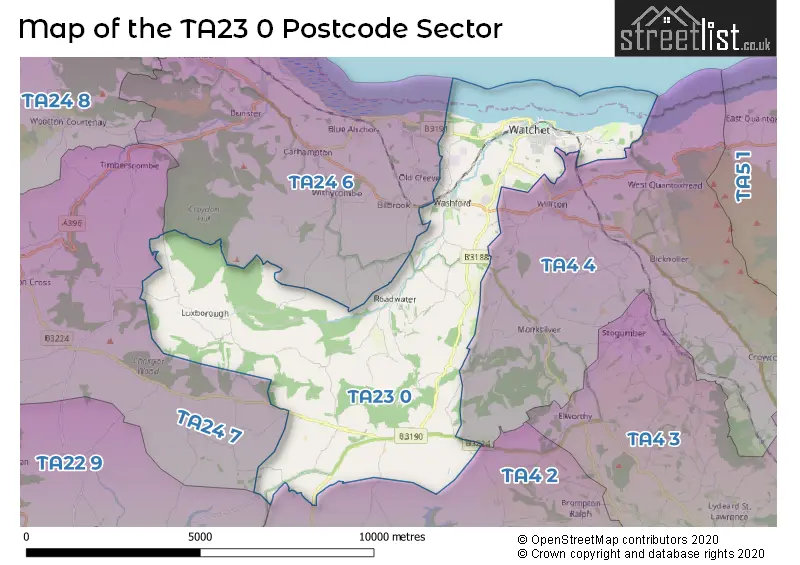 Map of the TA23 0 and surrounding postcode sector