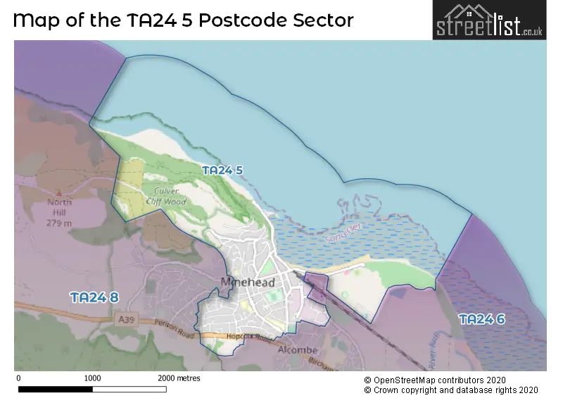 Map of the TA24 5 and surrounding postcode sector