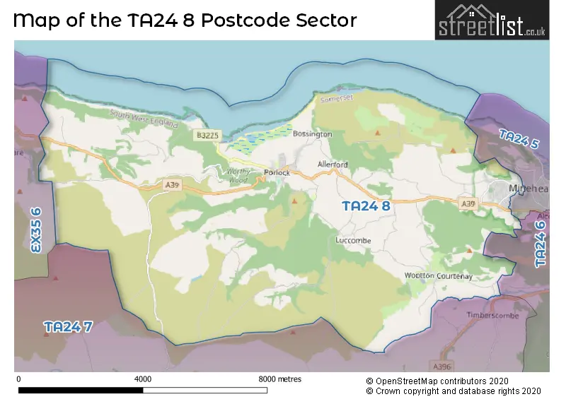 Map of the TA24 8 and surrounding postcode sector