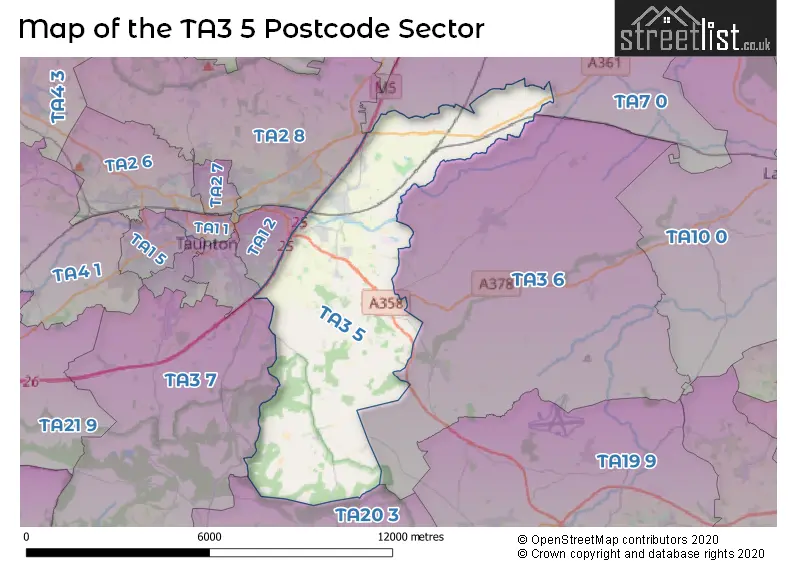 Map of the TA3 5 and surrounding postcode sector