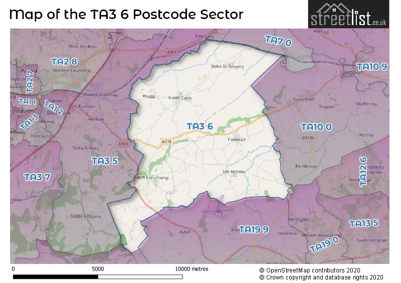 Map of the TA3 6 and surrounding postcode sector