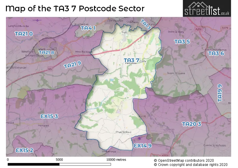 Map of the TA3 7 and surrounding postcode sector