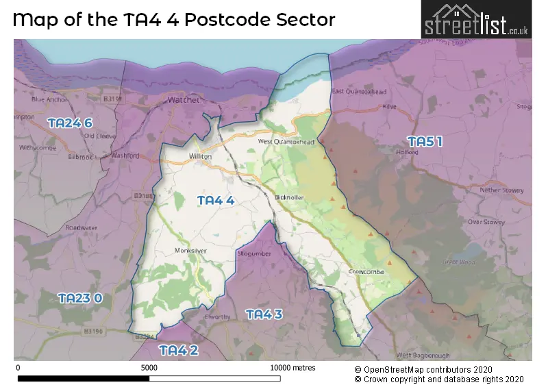 Map of the TA4 4 and surrounding postcode sector