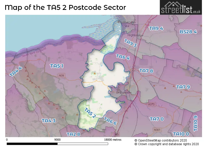 Map of the TA5 2 and surrounding postcode sector