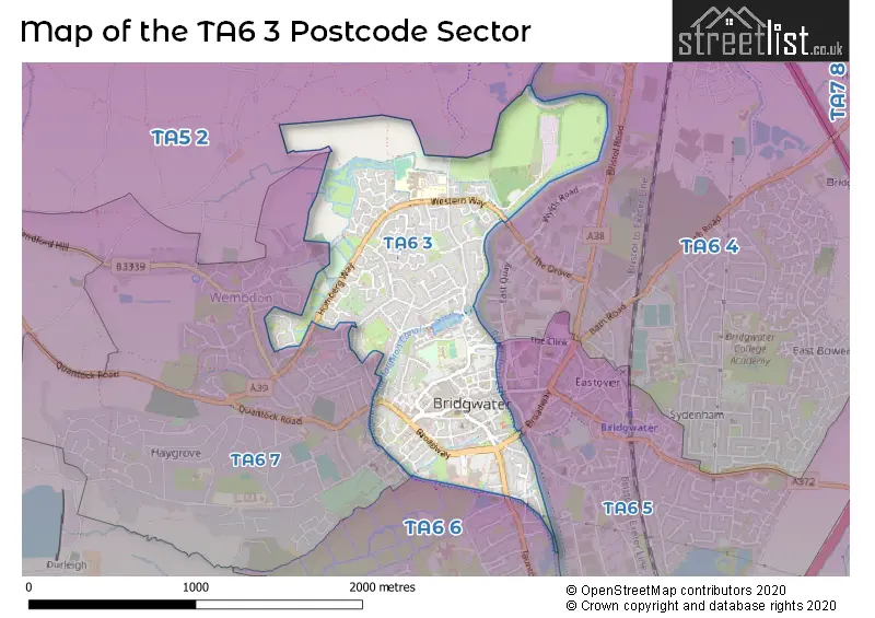 Map of the TA6 3 and surrounding postcode sector