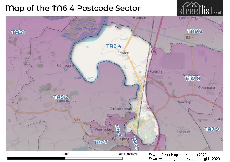 Map of the TA6 4 and surrounding postcode sector