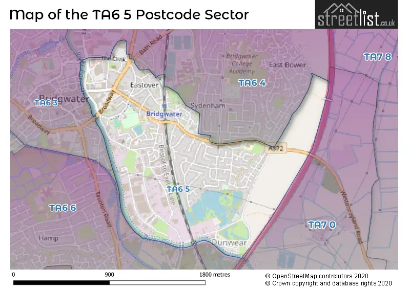 Map of the TA6 5 and surrounding postcode sector