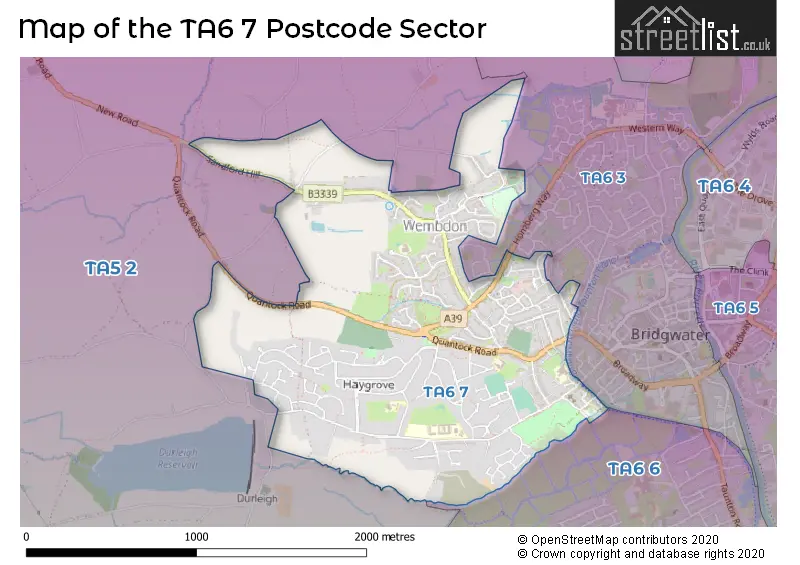 Map of the TA6 7 and surrounding postcode sector