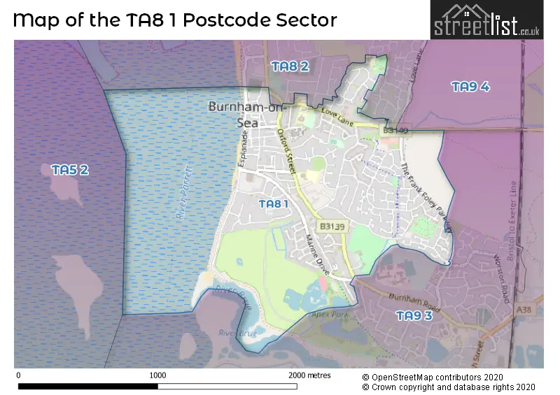 Map of the TA8 1 and surrounding postcode sector