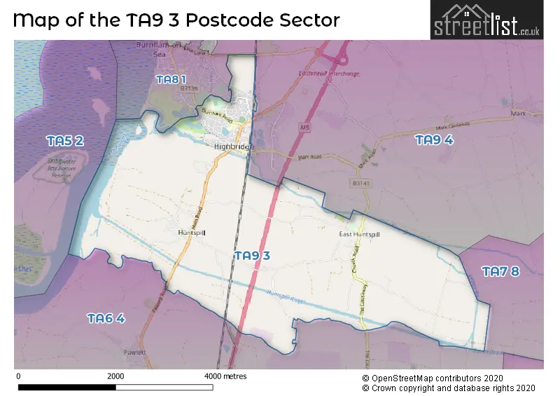 Map of the TA9 3 and surrounding postcode sector