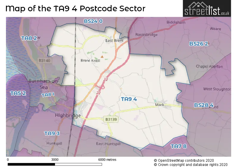 Map of the TA9 4 and surrounding postcode sector