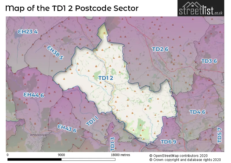 Map of the TD1 2 and surrounding postcode sector