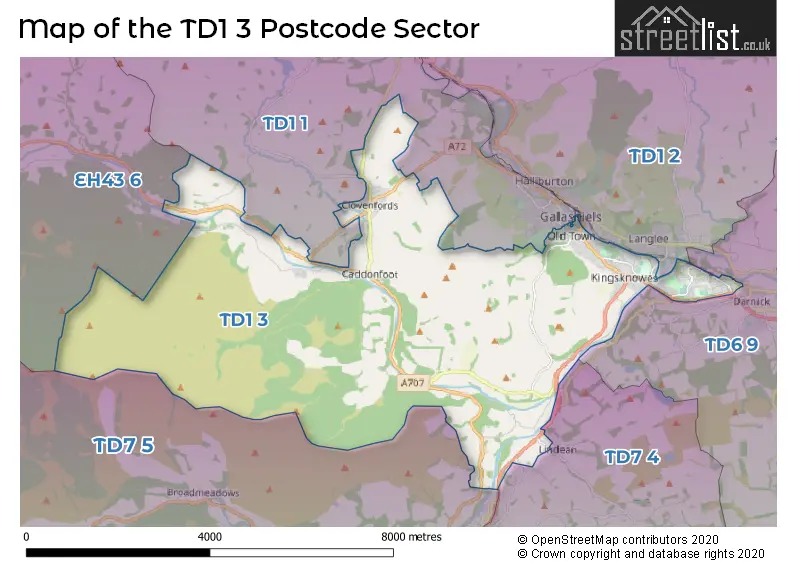 Map of the TD1 3 and surrounding postcode sector