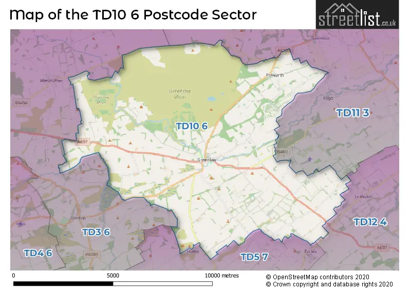 Map of the TD10 6 and surrounding postcode sector