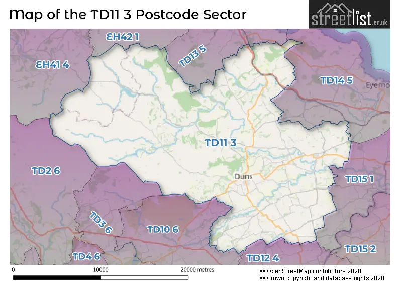 Map of the TD11 3 and surrounding postcode sector