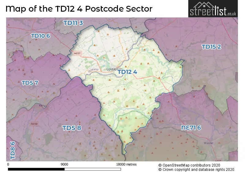 Map of the TD12 4 and surrounding postcode sector