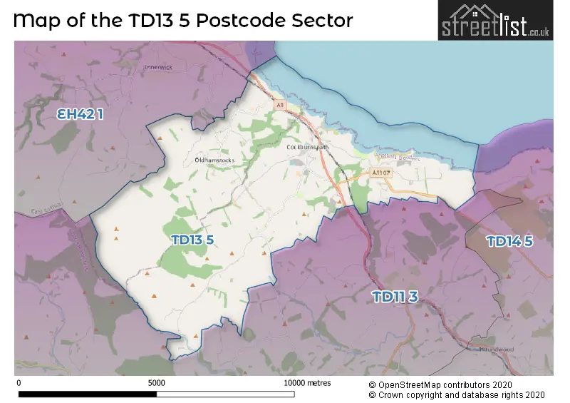 Map of the TD13 5 and surrounding postcode sector