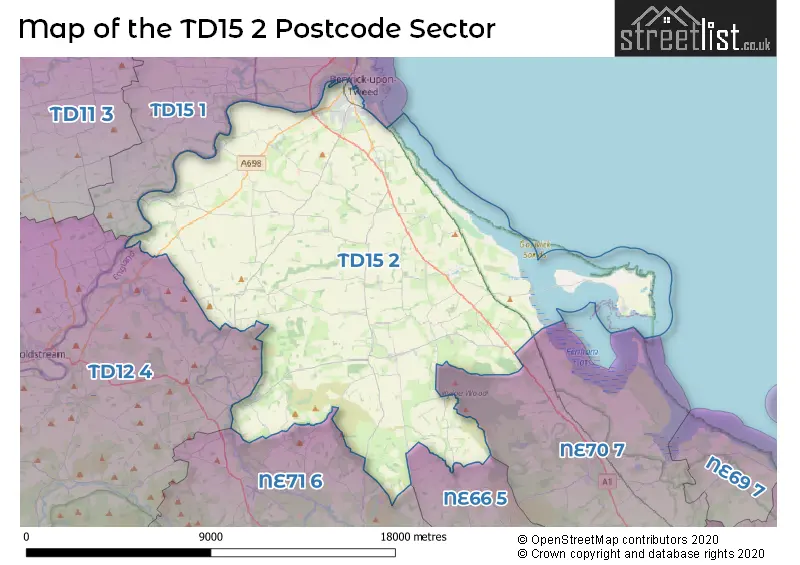 Map of the TD15 2 and surrounding postcode sector