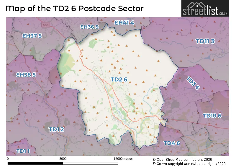Map of the TD2 6 and surrounding postcode sector