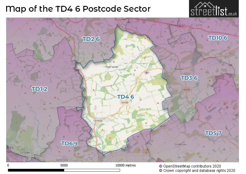 Map of the TD4 6 and surrounding postcode sector