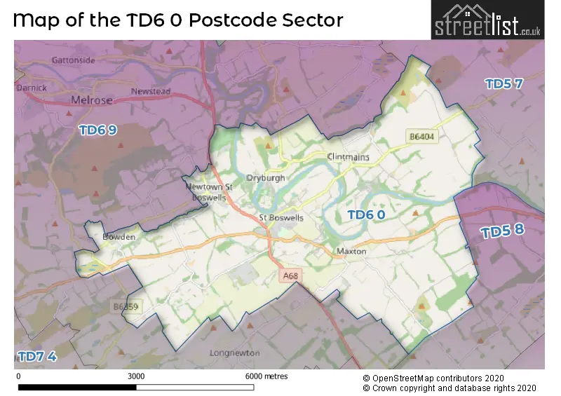 Map of the TD6 0 and surrounding postcode sector
