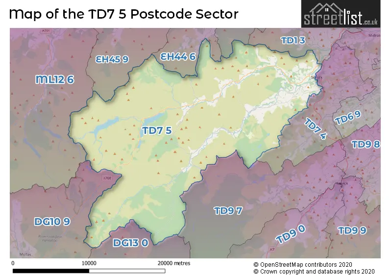 Map of the TD7 5 and surrounding postcode sector