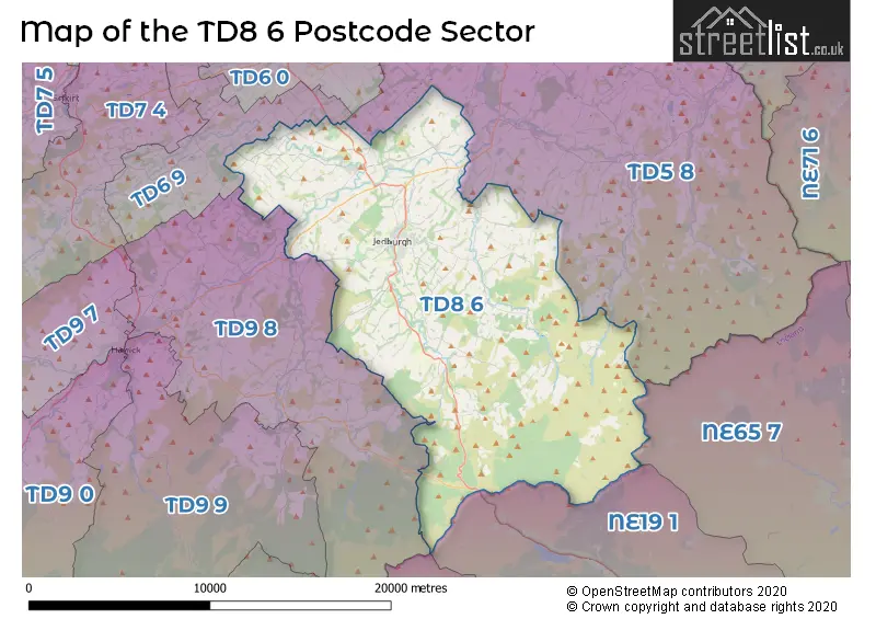 Map of the TD8 6 and surrounding postcode sector
