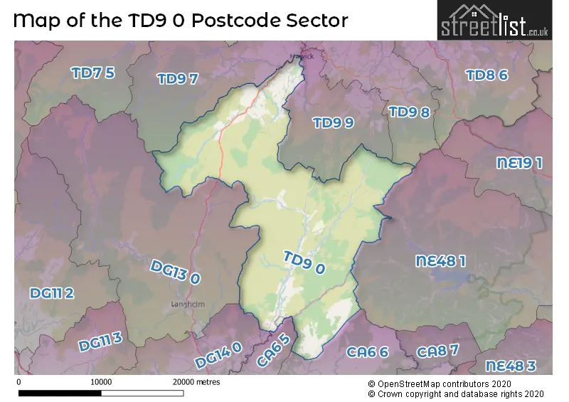 Map of the TD9 0 and surrounding postcode sector