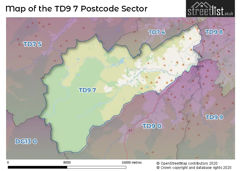 Map of the TD9 7 and surrounding postcode sector
