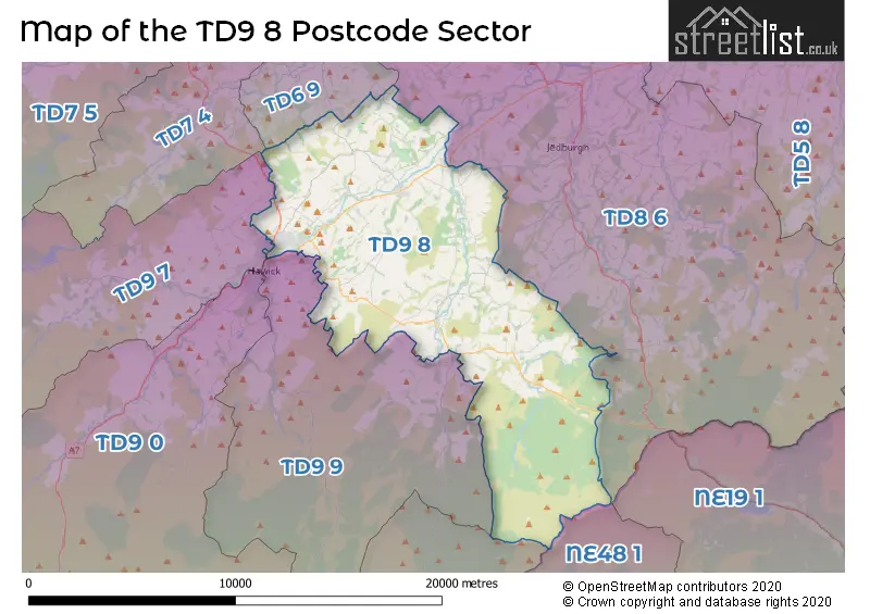 Map of the TD9 8 and surrounding postcode sector