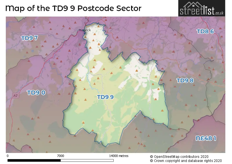 Map of the TD9 9 and surrounding postcode sector