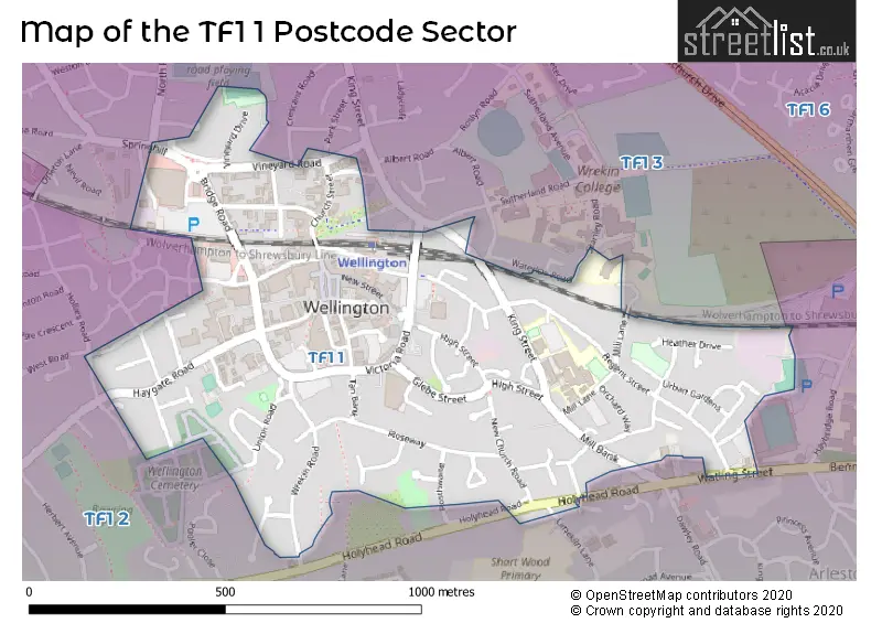 Map of the TF1 1 and surrounding postcode sector