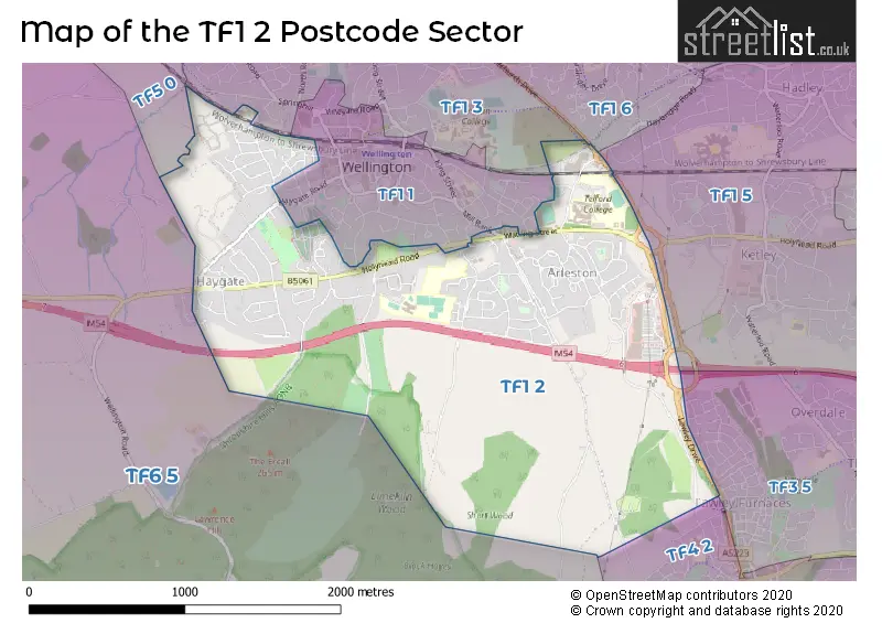 Map of the TF1 2 and surrounding postcode sector