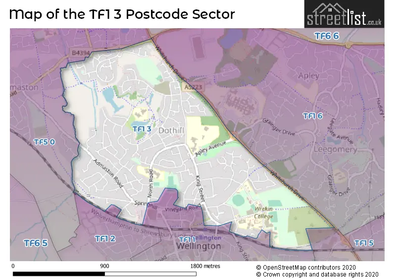 Map of the TF1 3 and surrounding postcode sector