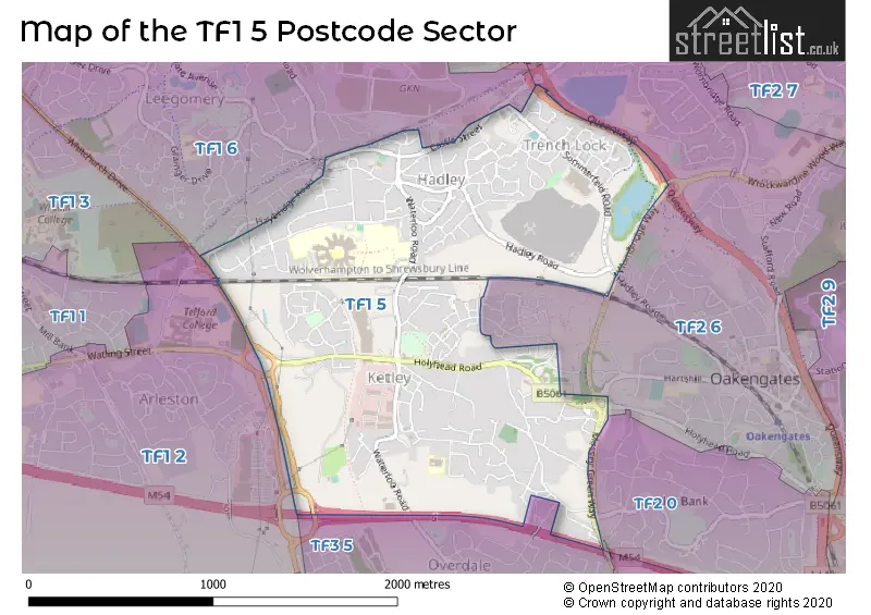 Map of the TF1 5 and surrounding postcode sector